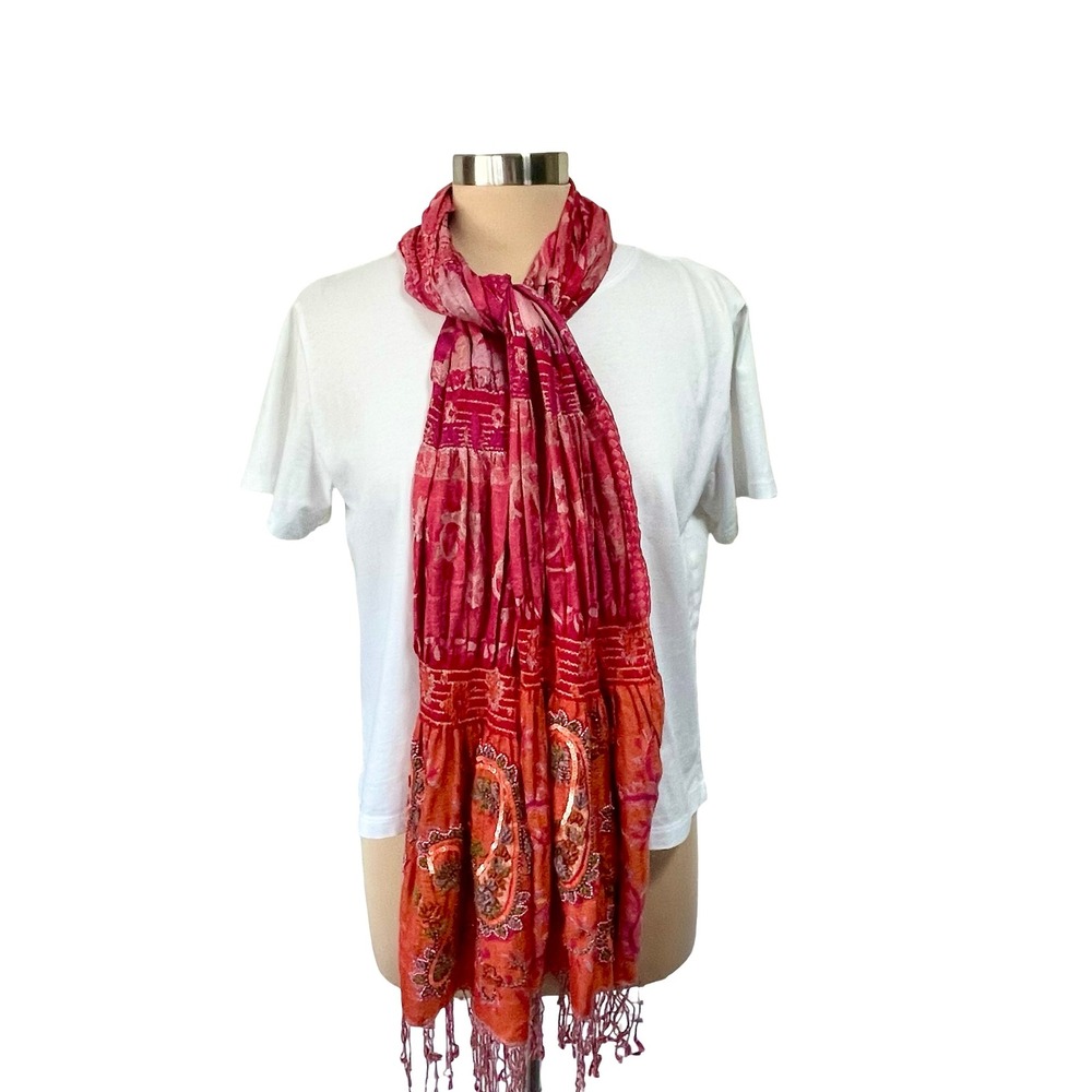 Tolani 100% Pure Silk Scarf Pink Orange Paisley Embroidered Sequin Beaded Fringe
